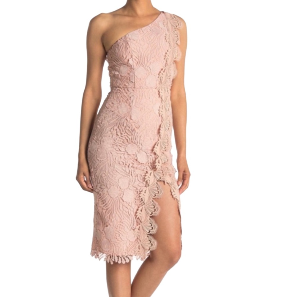 REISS Mena Lace One-Shoulder Asymmetrical Crochet Sleeveless Midi Dress, Nude